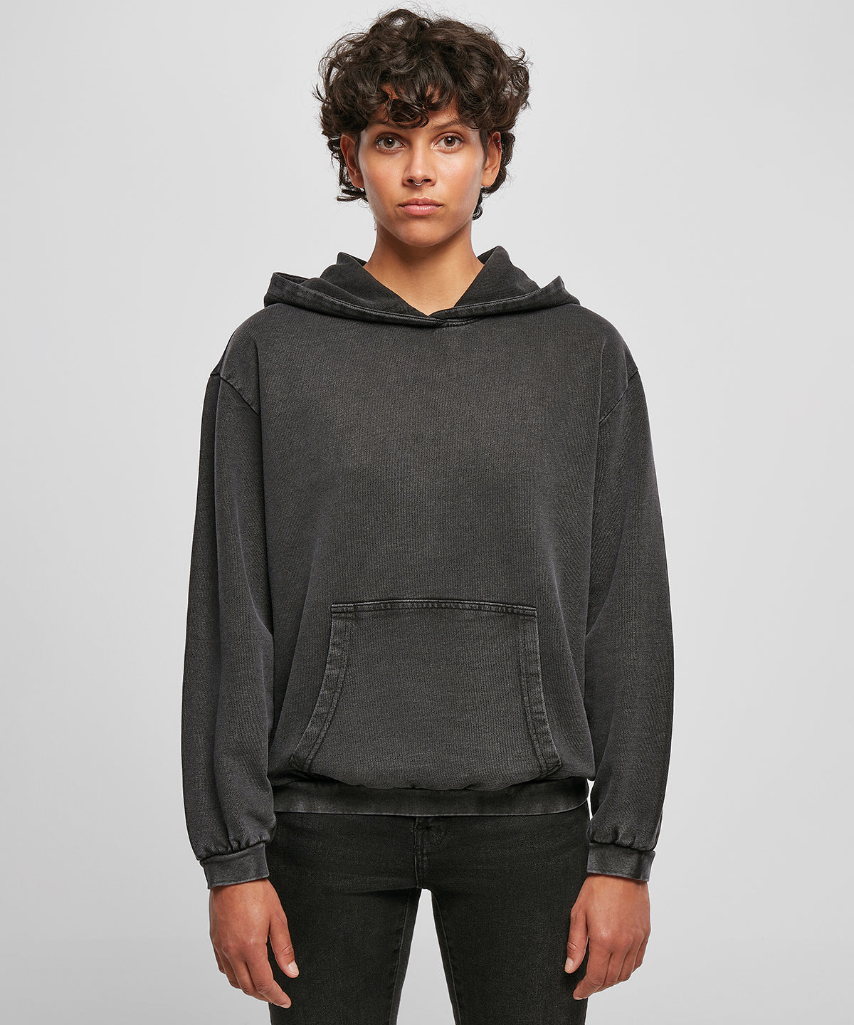 Build Your Brand Women's Acid Washed Oversized Hoodie with Kangaroo Pocket
