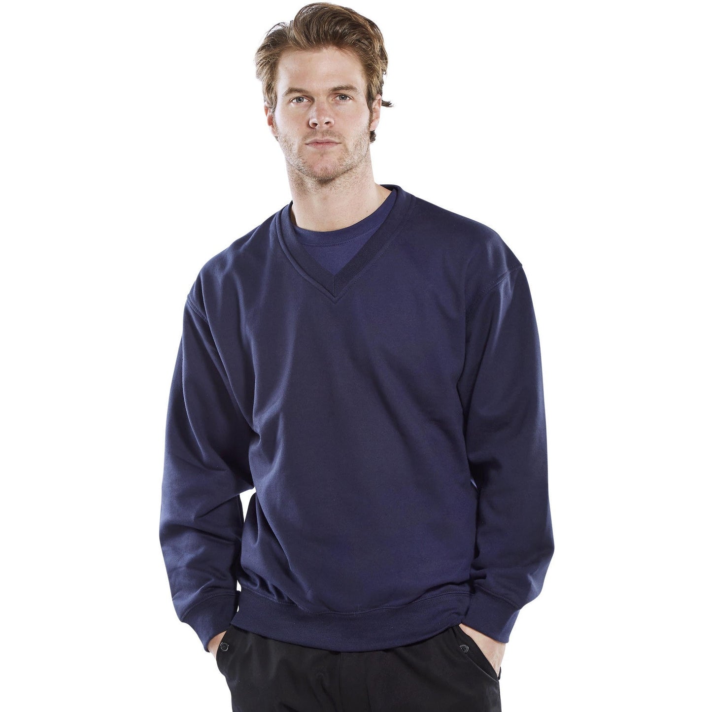 Beeswift V-Neck Sweatshirt Navy Blue Polycotton Fleece Ribbed Cuffs & Waistband