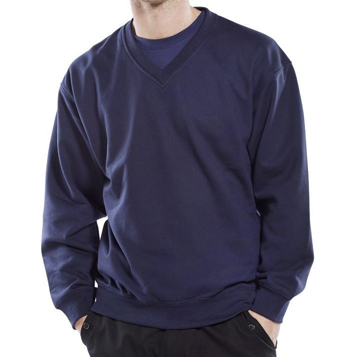 Beeswift V-Neck Sweatshirt Navy Blue Polycotton Fleece Ribbed Cuffs & Waistband