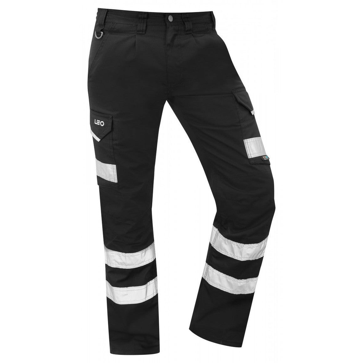 Leo Workwear EcoViz Cargo Trousers Poly Cotton Reflective Tape Knee Pad Pockets