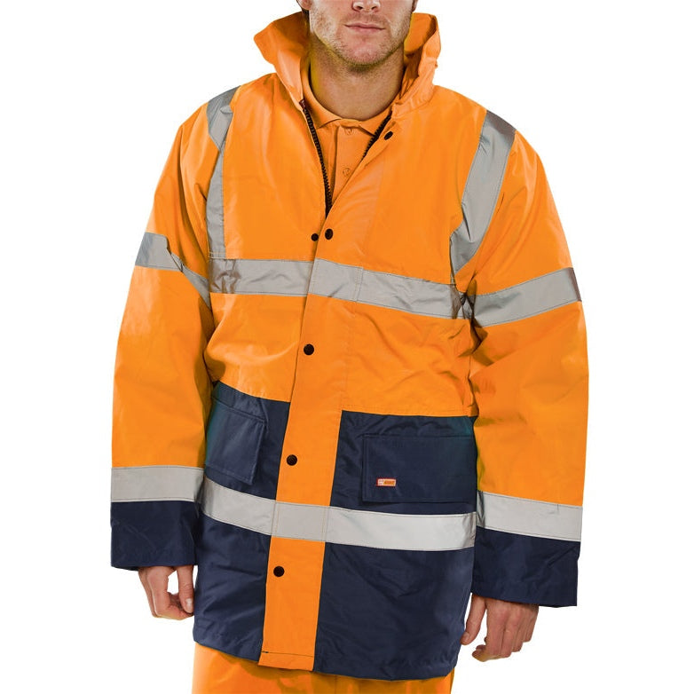 Beeswift Fleece Lined Traffic Jacket PU Coated Concealed Hood Class 3 Safety