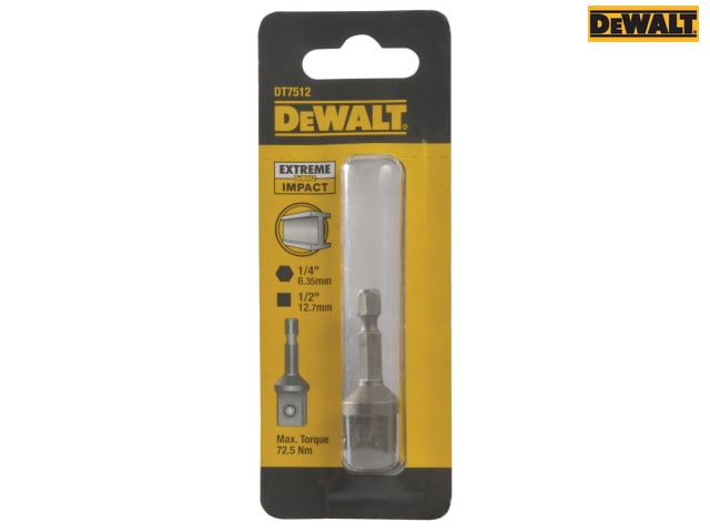 DEWALT DT7512 1/4in Hex to 1/2in Drive Impact Adaptor 52mm Length Tool Accessory