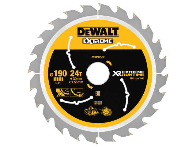 DEWALT XR FlexVolt Circular Saw Blade 190mm 30mm Bore 24T ATB+R Cutting Tool