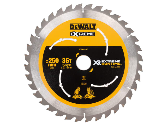 DEWALT FlexVolt Mitre Saw Blade 250mm 30mm Bore 36T Extreme Runtime Cutting