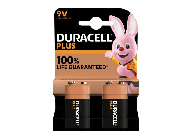 Duracell 9V Plus Power Batteries Pack of 2 Extra Life for High-Drain Use