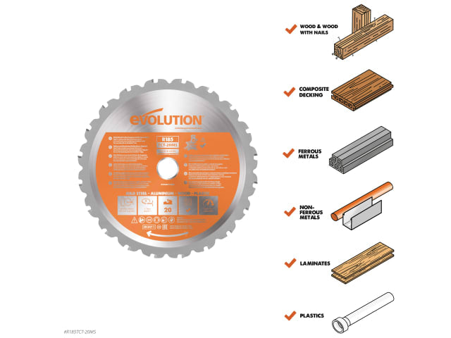 Evolution Multi-Material Mitre Saw Blade 185mm 20T for Wood Steel Aluminium