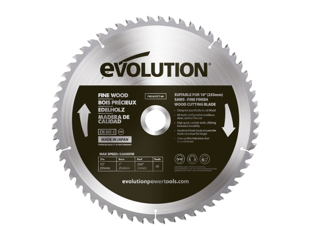 Evolution 255mm Fine Wood Mitre/Table Saw Blade 60T for Smooth Cuts