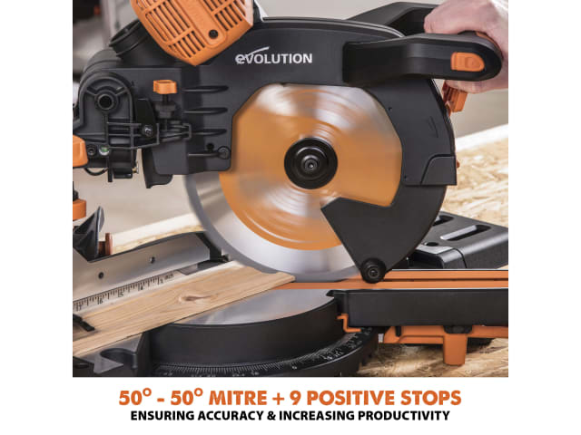 Evolution R255SMS-DB+ 255mm Sliding Mitre Saw 1600W 110V Multi-Material