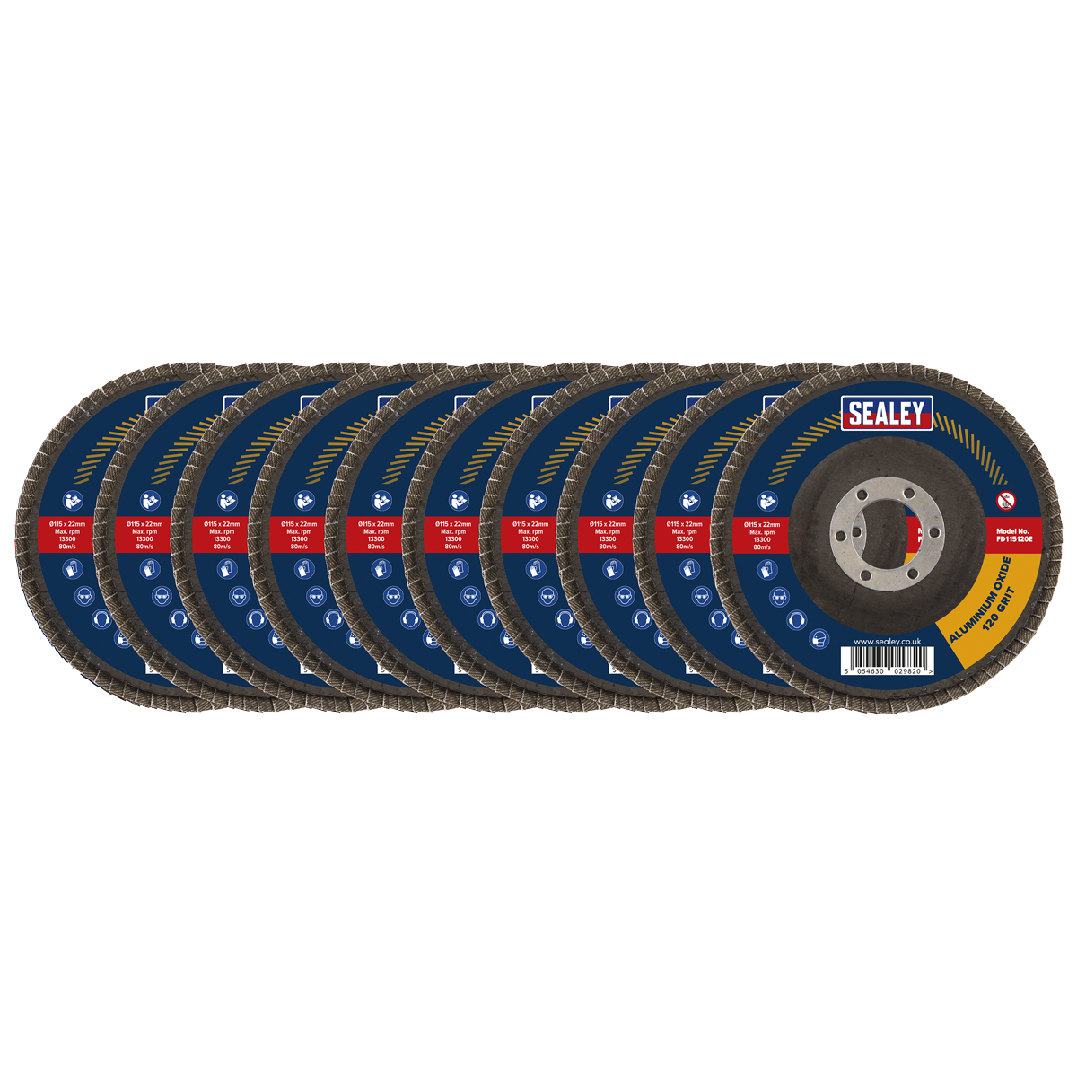 Sealey 120 Grit Aluminium Oxide Flap Discs 115mm Pack of 10 for Surface Prep