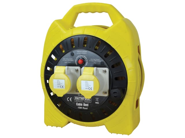 Faithfull Power Plus 110V 16A Semi-Enclosed Cable Reel 15m 2-Socket 1.5mm