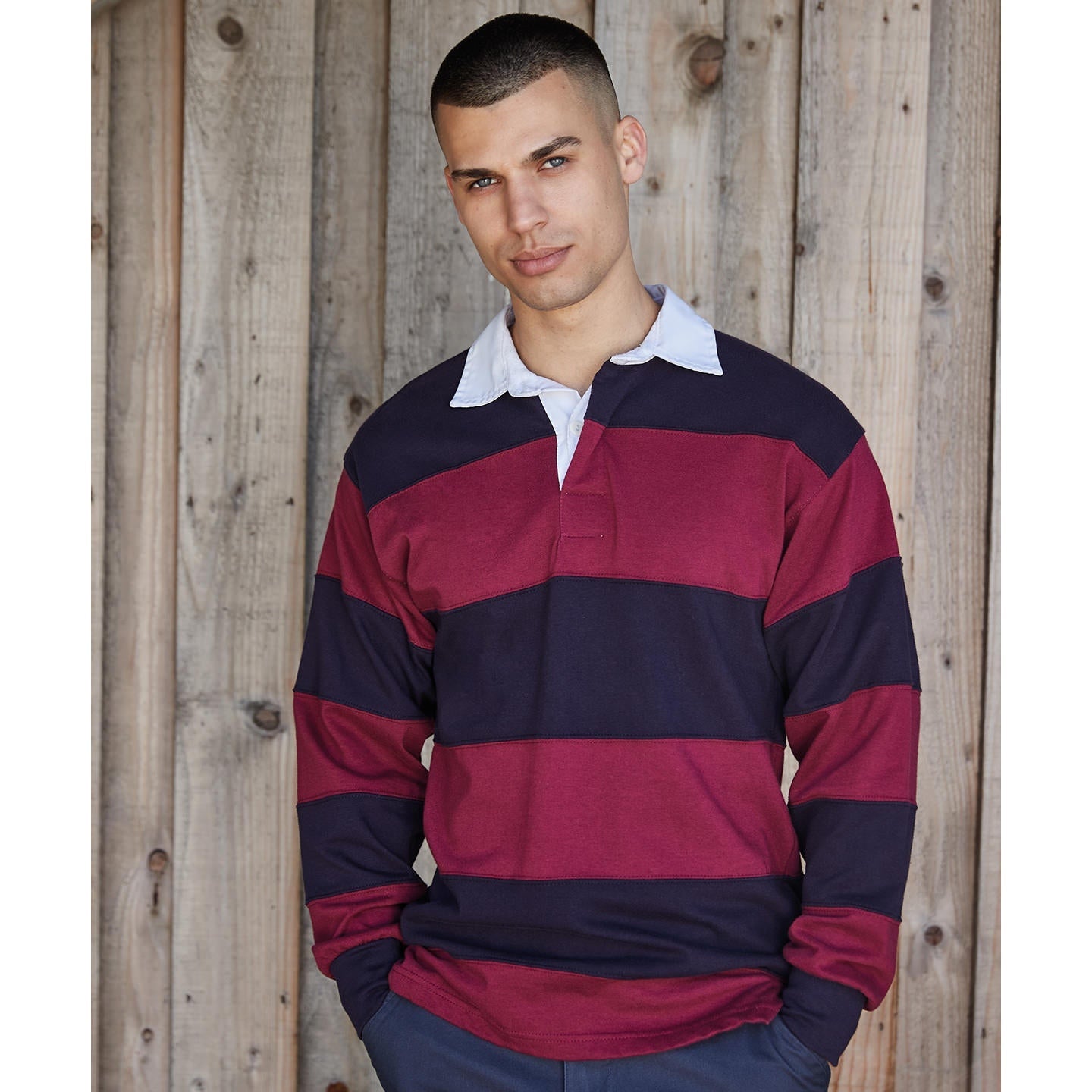 Front Row Sewn Stripe Long Sleeve Rugby Shirt Heavyweight Jersey S-2XL