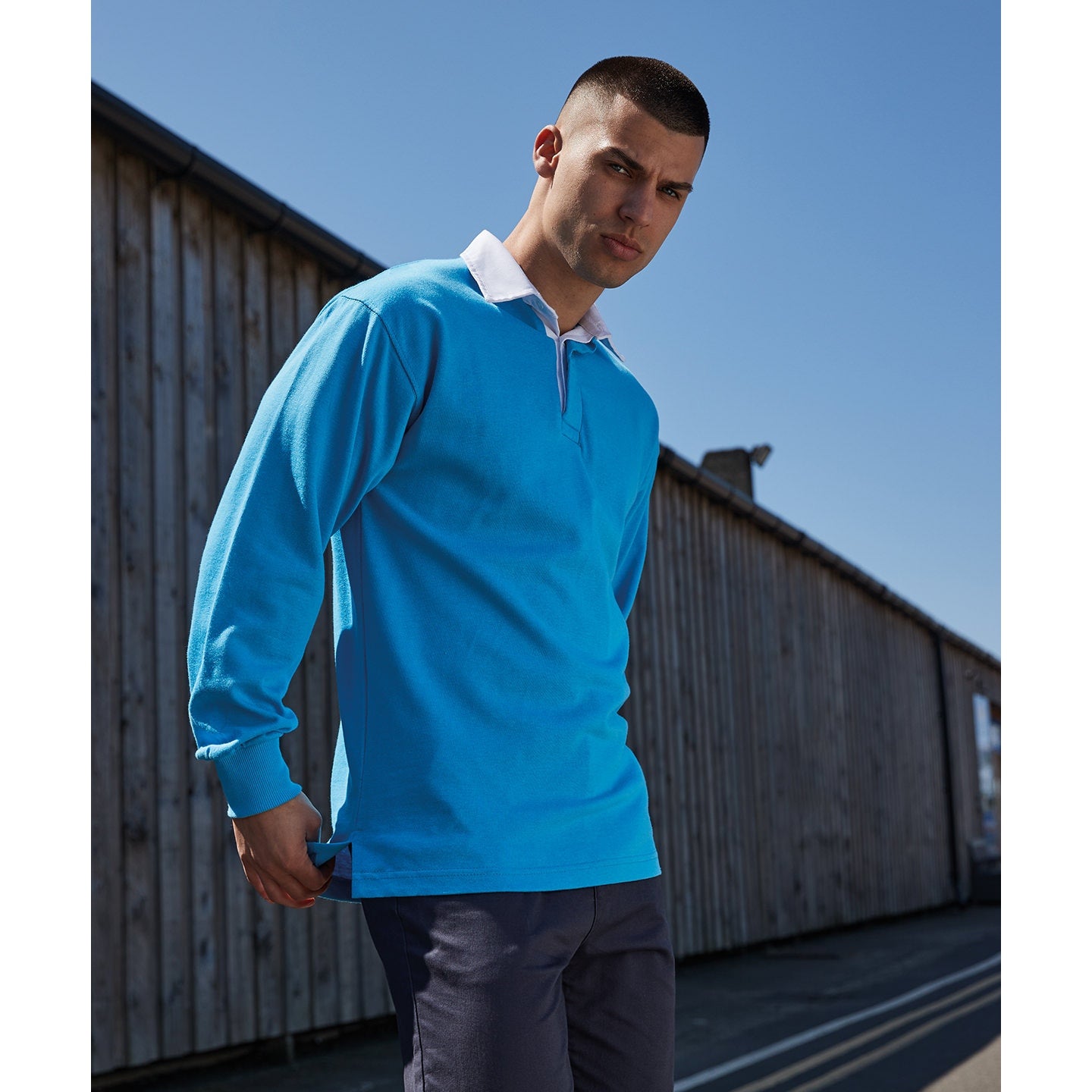 Front Row Long Sleeve Rugby Shirt 100% Cotton Woven Collar Customizable Logo