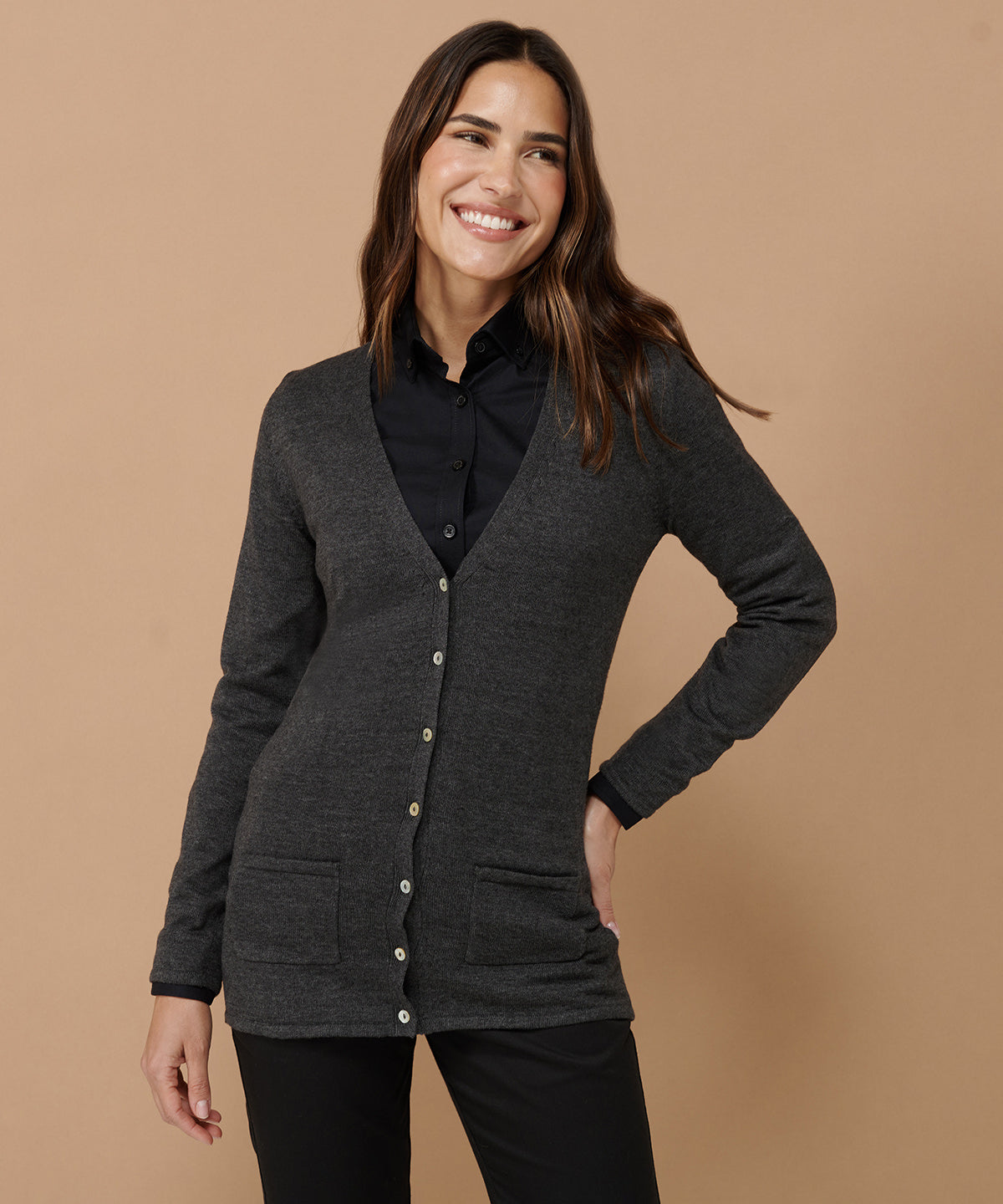 Henbury Women's V-Button Cardigan Fine Knit with Pearlized Buttons and Pockets