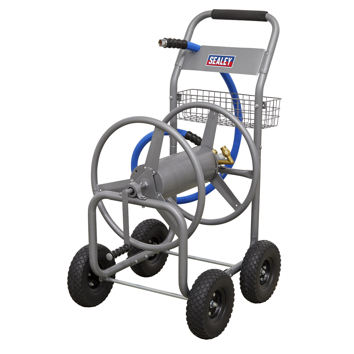 Sealey Heavy-Duty Hose Reel Cart with 10" Wheels, Tool Storage, 120m Capacity