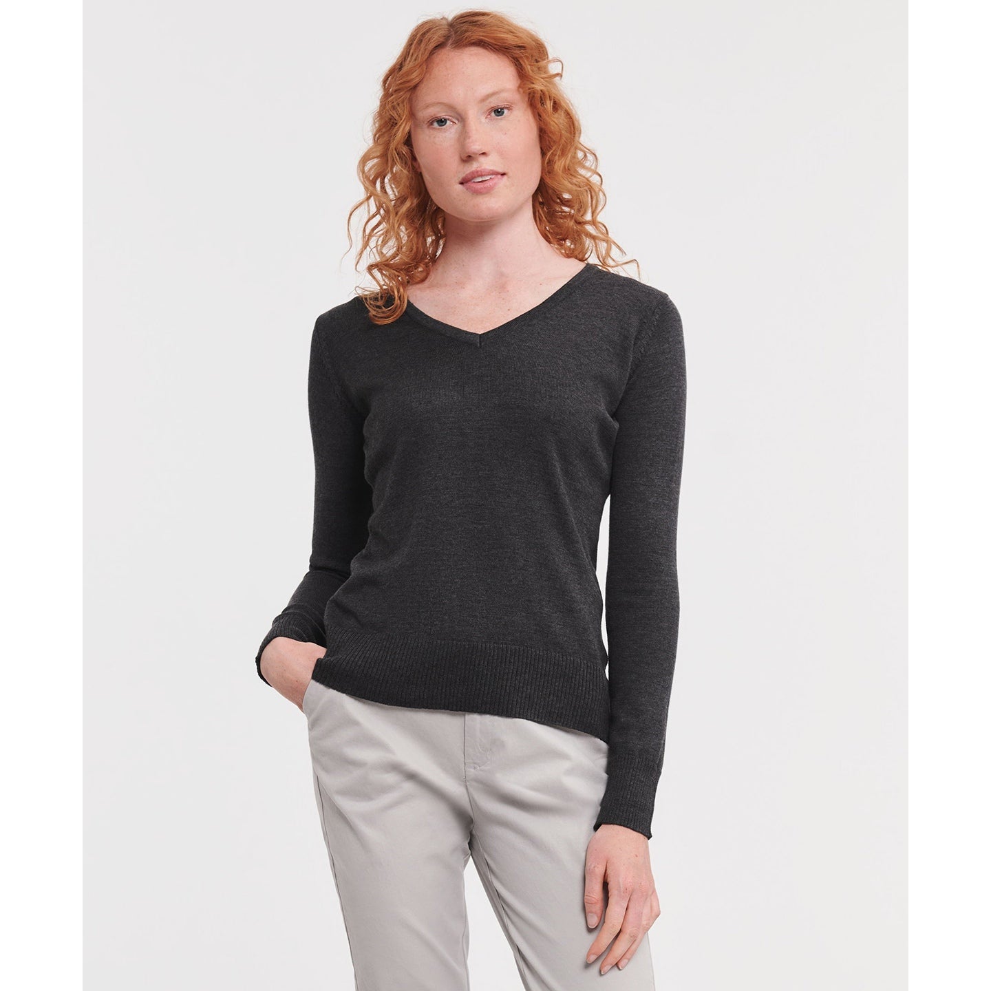 Russell Collection Women's V-Neck Knitted Sweater Easy-Care Cotton Blend
