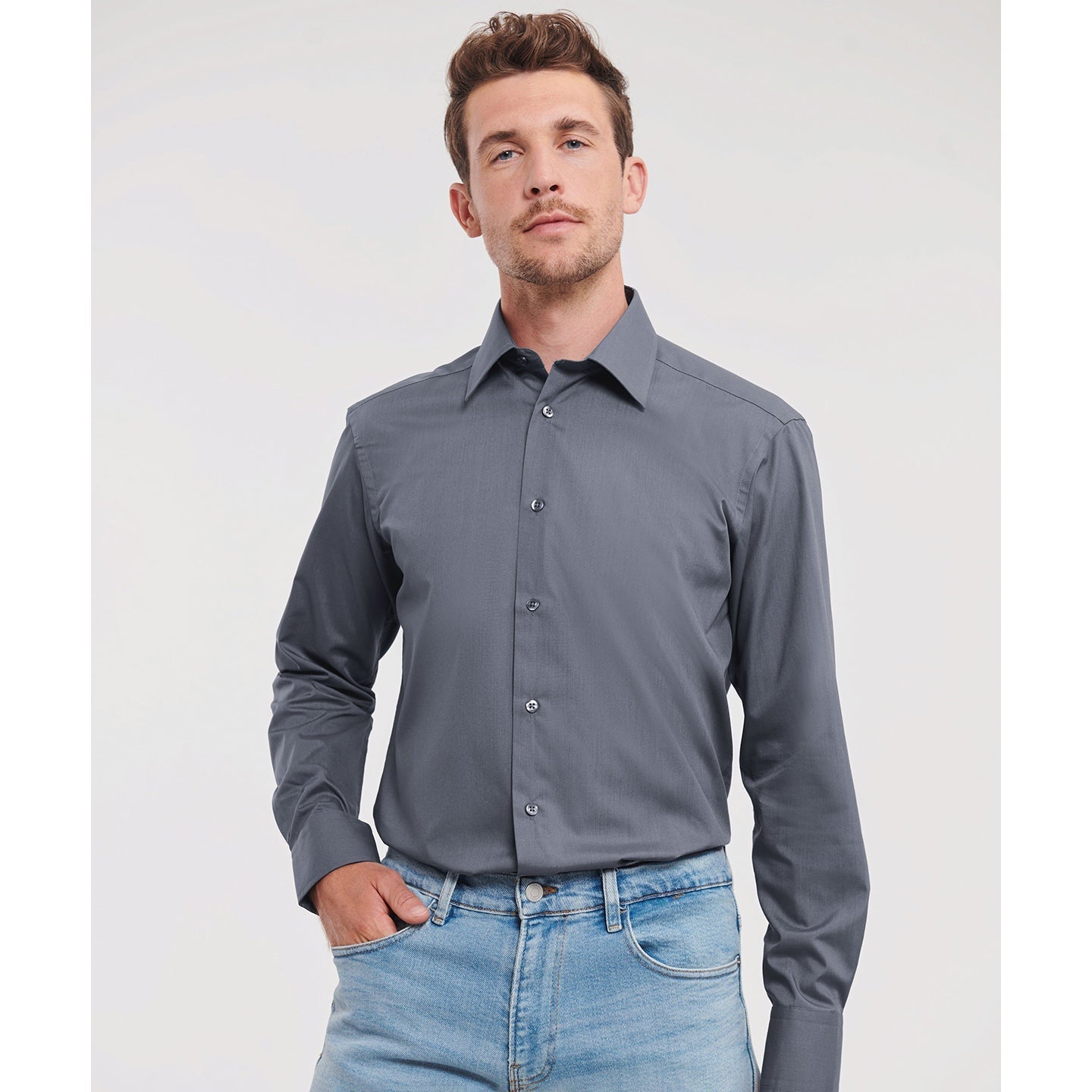 Russell Collection Long Sleeve Polycotton Fitted Poplin Shirt for Men & Women