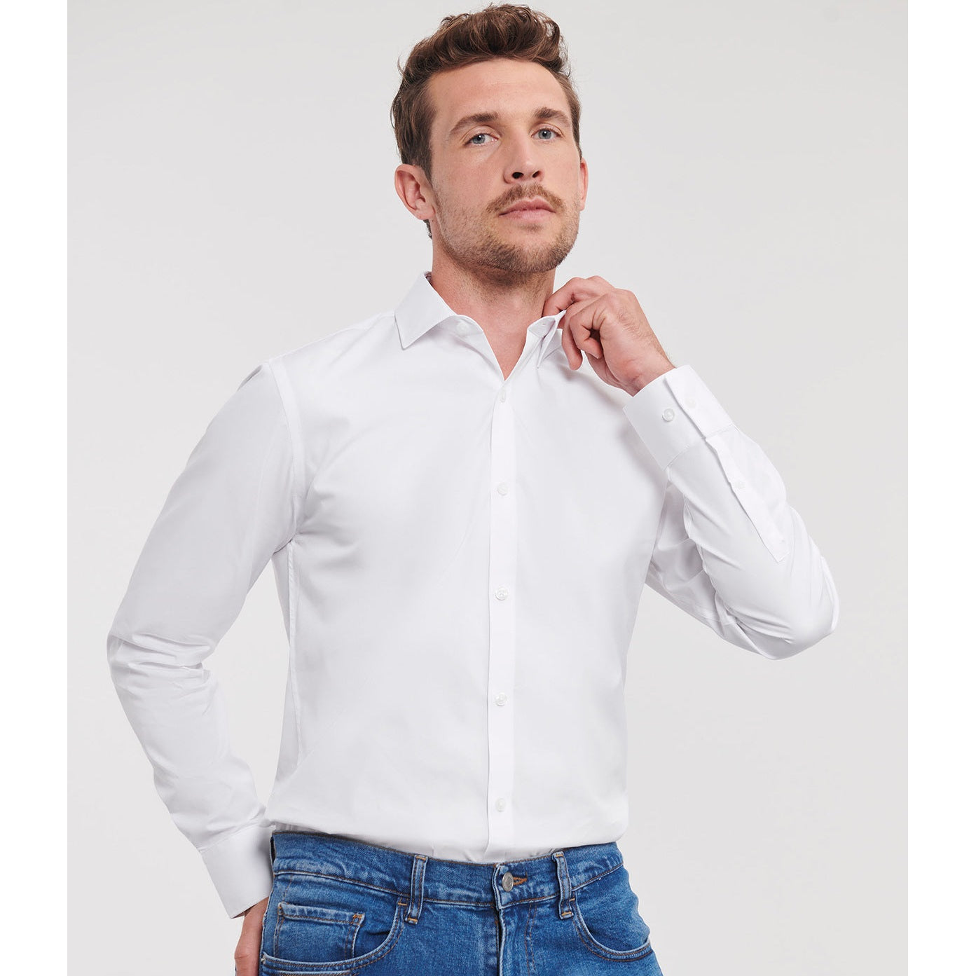 Russell Collection Long Sleeve Stretch Shirt Fitted Cotton Lycra T400Â® Fabric