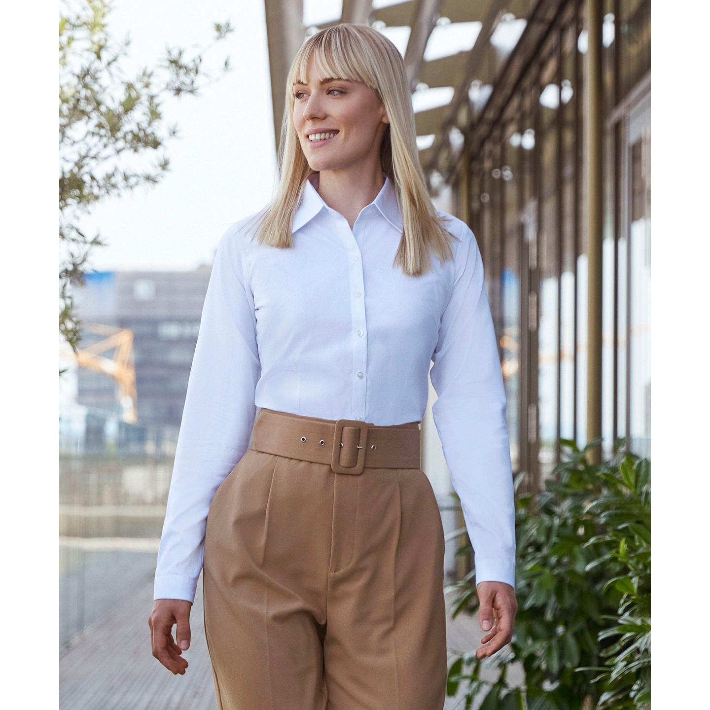 Russell Collection Women's Long Sleeve Herringbone Shirt Fitted Cotton Blend
