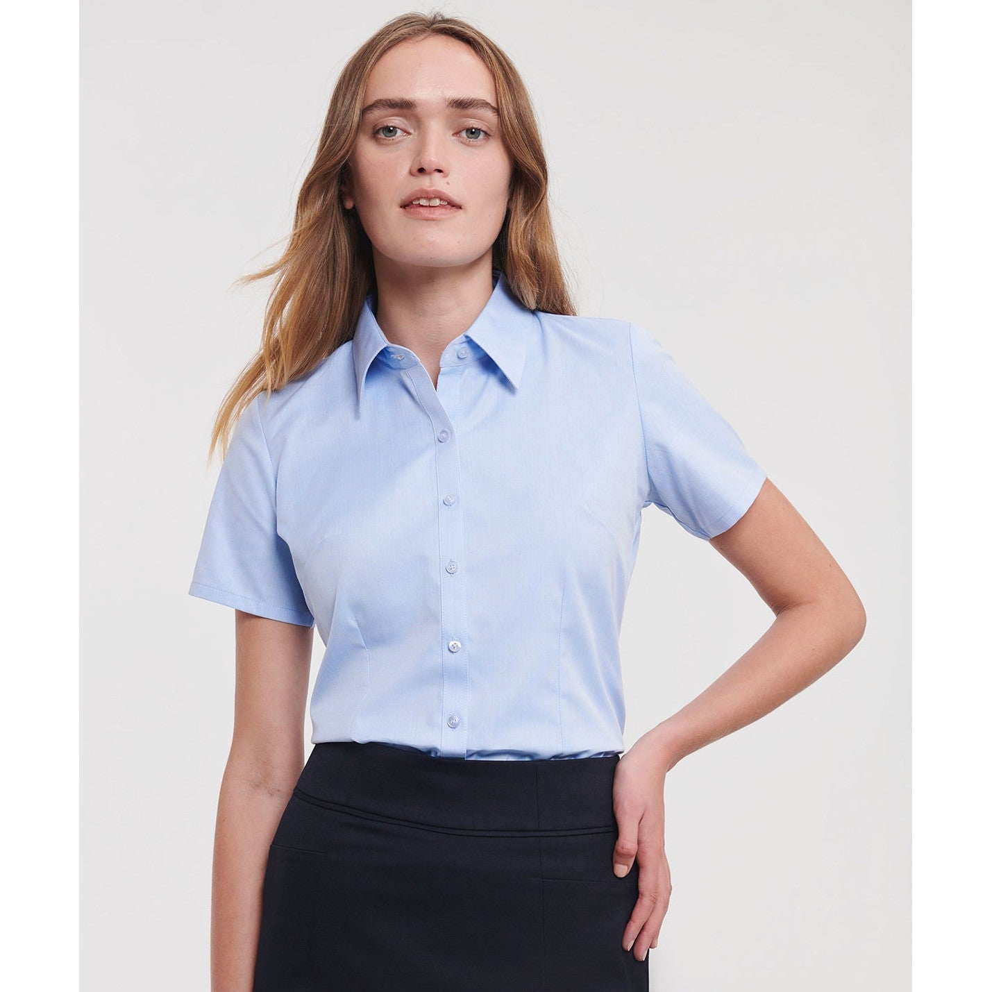 Russell Collection Women's Short Sleeve Herringbone Shirt Fitted Cotton Blend