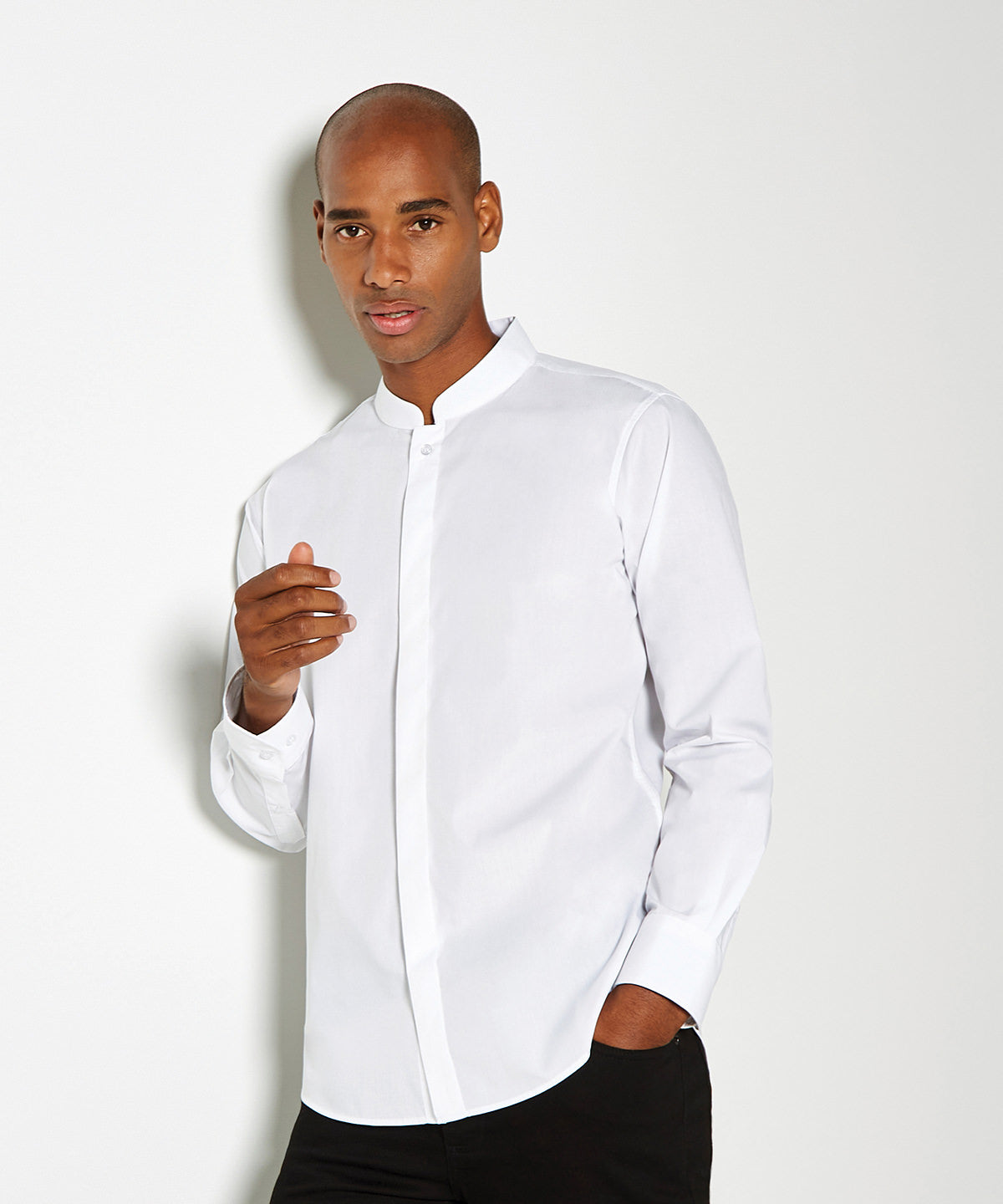 Kustom Kit Long Sleeve Mandarin Collar Shirt Tailored Fit Easy-Iron S-2XL