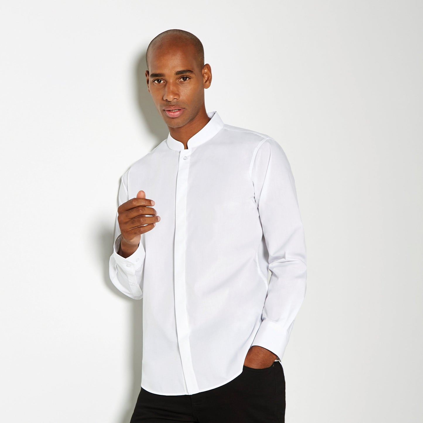 Kustom Kit Long Sleeve Mandarin Collar Shirt Tailored Fit Easy-Iron S-2XL