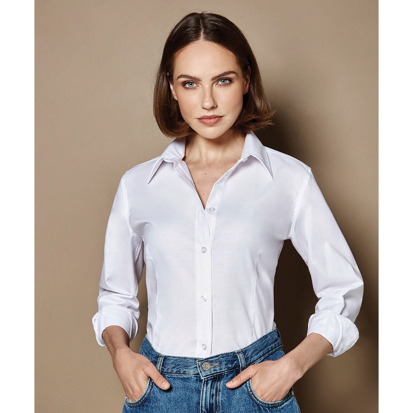 Kustom Kit Women's Long Sleeve Oxford Blouse Tailored Fit Easy Iron Cotton Rich