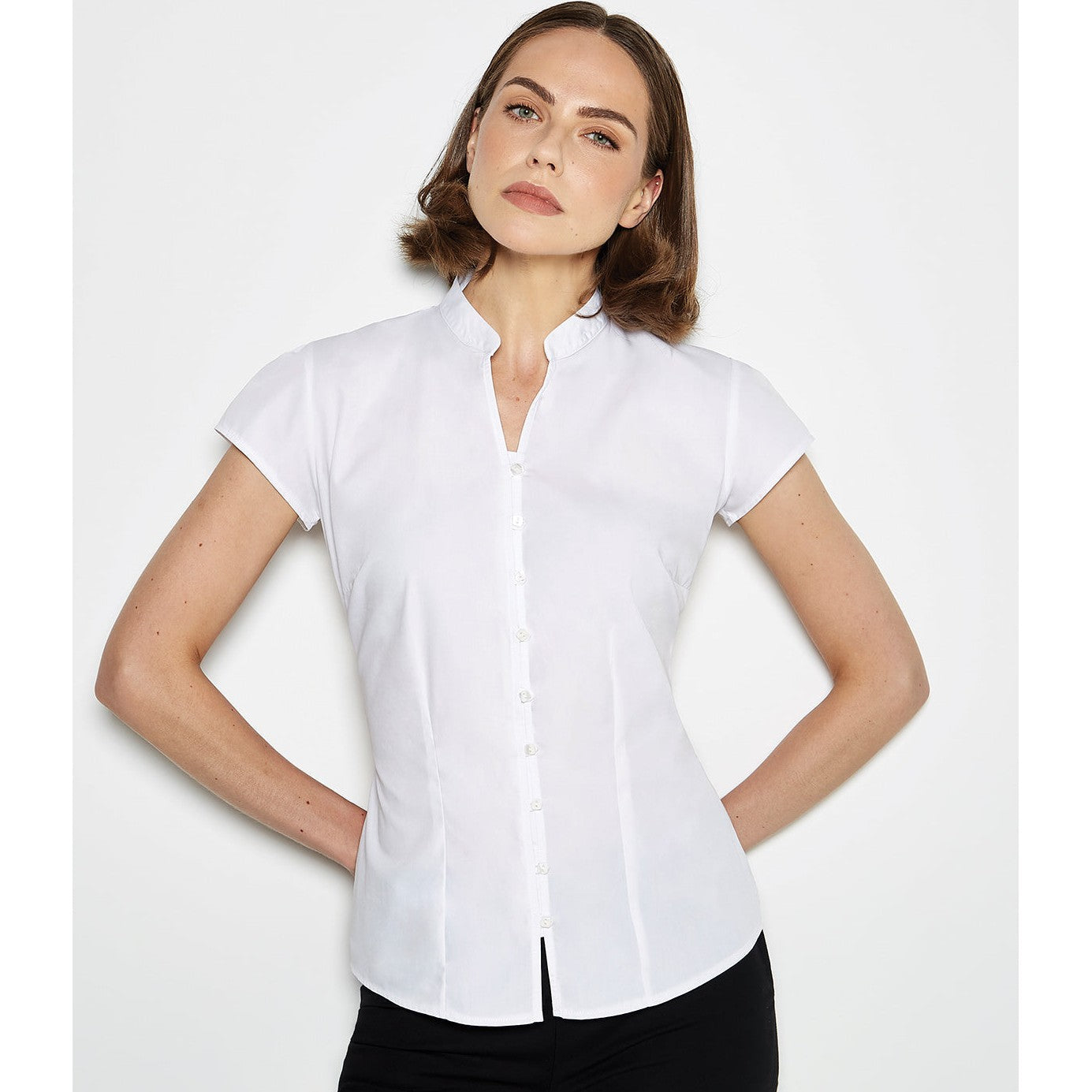 Kustom Kit Women's Tailored Fit Blouse Mandarin Collar Cap Sleeve Easy Iron