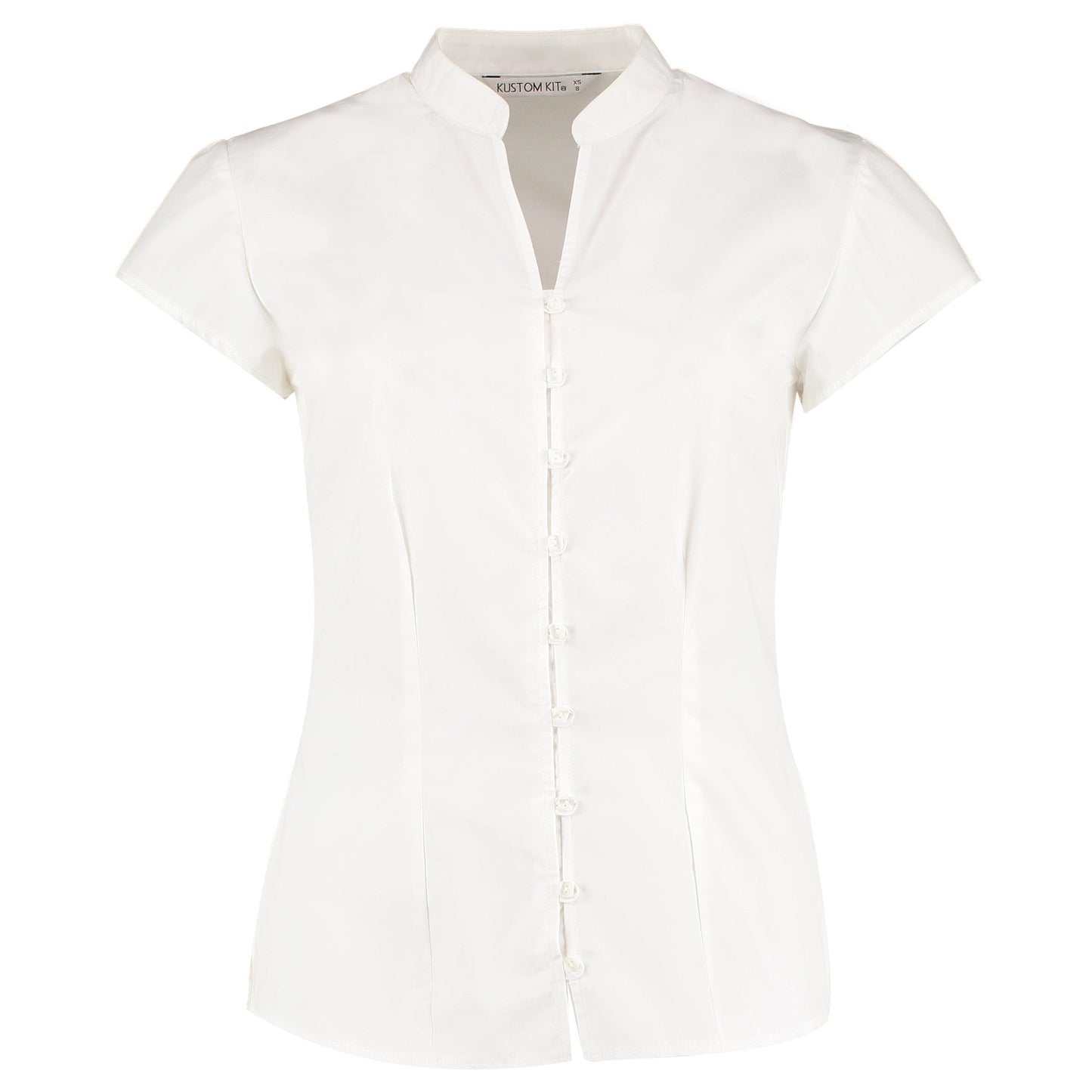 Kustom Kit Women's Tailored Fit Blouse Mandarin Collar Cap Sleeve Easy Iron