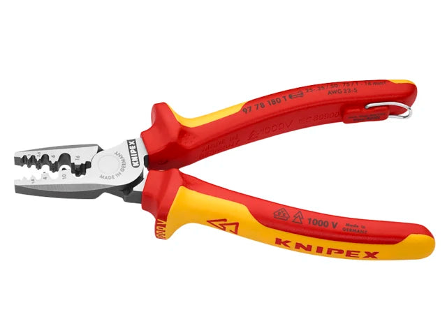 Knipex VDE Crimping Pliers 180mm with Tether Point 0.25-16mmÂ² Crimp Capacity