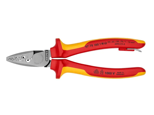 Knipex VDE Crimping Pliers 180mm with Tether Point 0.25-16mmÂ² Crimp Capacity