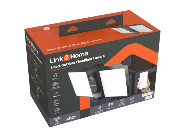 Link2Home Outdoor Smart Floodlight Camera + HD Video, Motion Detect, 2Way Audio