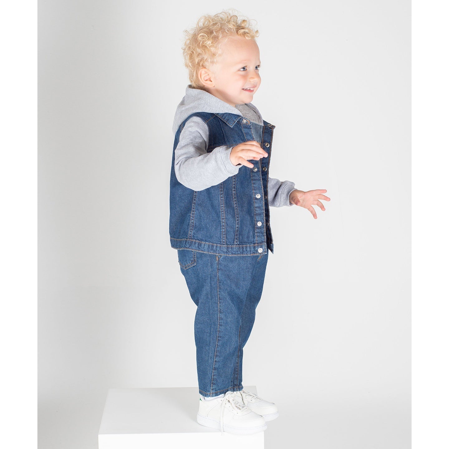Larkwood Kids Denim Jacket with Fleece Hood and Sleeves, YKK Popper Fastening