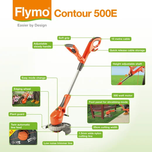 FLYMO Contour 500E 3-in-1 Electric Grass Trimmer Edger 500W 25cm Cutting Width