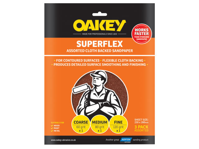 Oakey Superflex Cloth Backed Aluminium Oxide Sheets 230x280mm Assorted 3 Pack