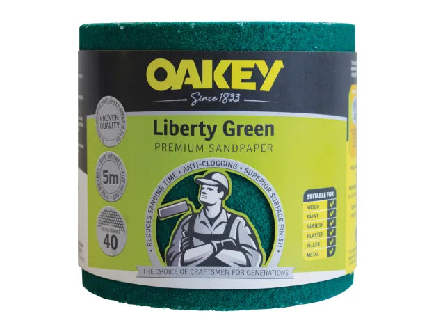 Oakey Liberty Green Sanding Roll 115mm x 5m Extra Coarse 40G Durable Sandpaper