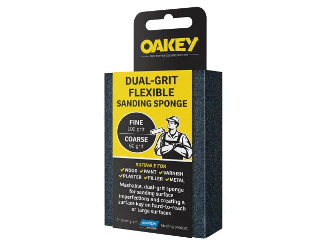 Oakey Dual-Grit Flexible Sanding Sponge Fine Coarse Reusable for Wood Metal