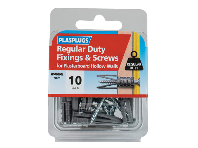 Plasplugs Regular-Duty Fixings and Screws Pack of 10 for Plasterboard Walls