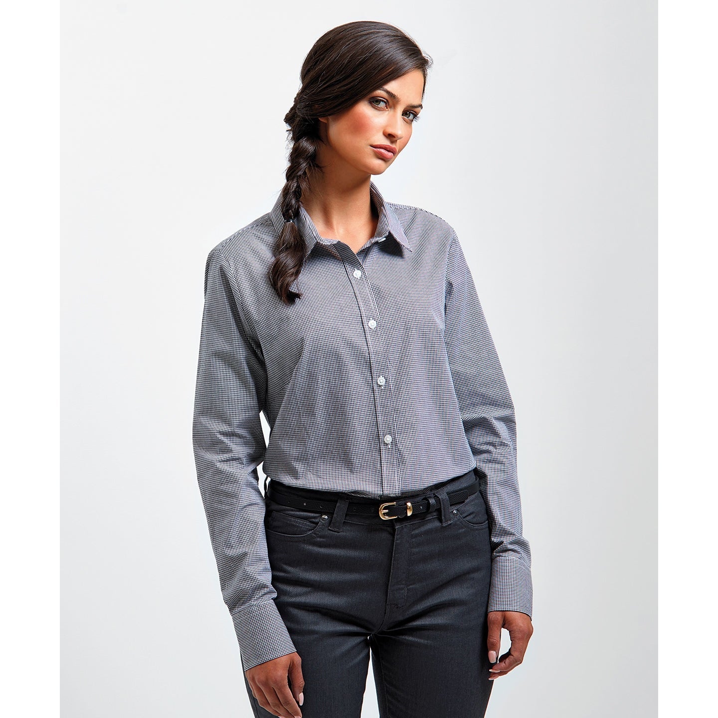 Premier Women's Long Sleeve Gingham Cotton Shirt Soft Collar Fitted Blouse