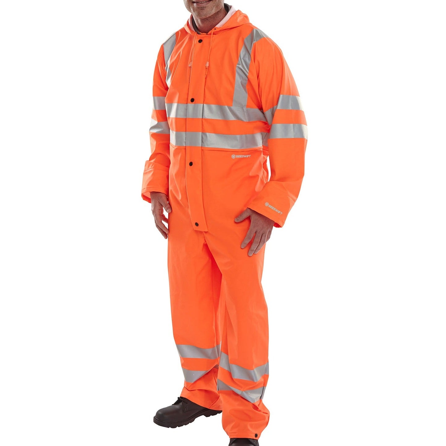 Beeswift Bseen PU Coverall High Visibility Waterproof Breathable Hooded Suit