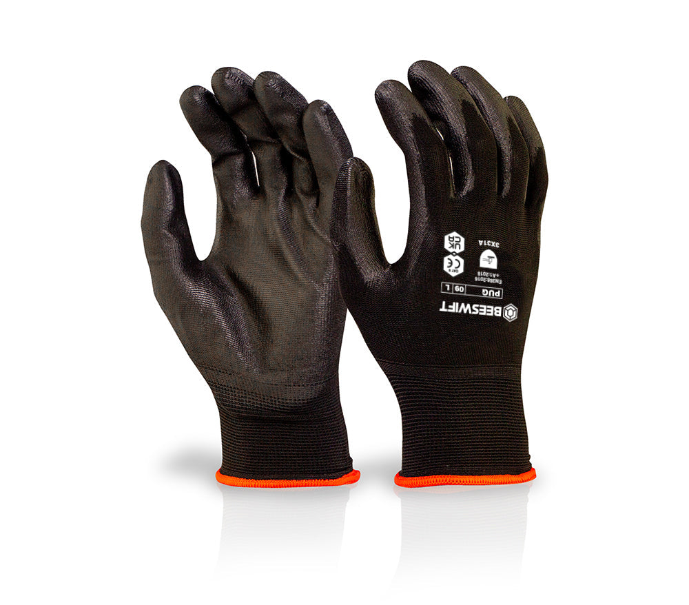 Bsafe Multi-Purpose PU Coated Gloves Black Nylon Elasticated Wrist EN388 Rated