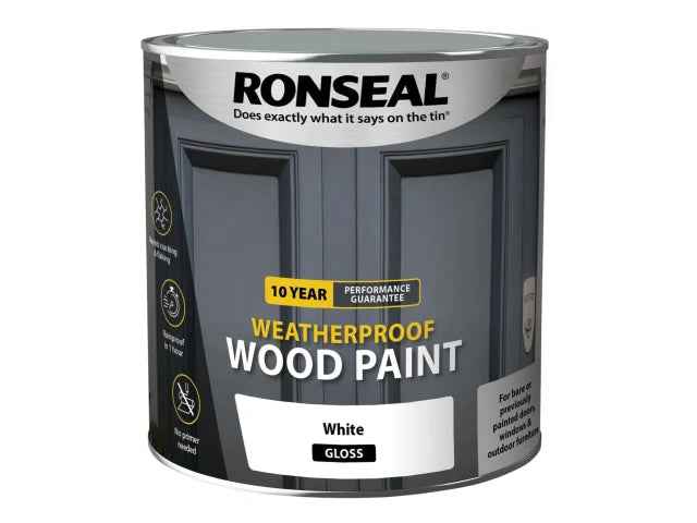 Ronseal 10 Year Weatherproof Wood Paint White Gloss 2.5L No Primer Needed