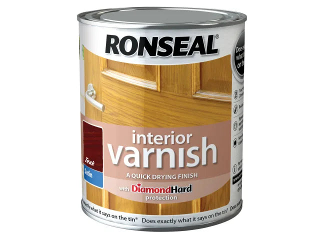 Ronseal Quick Dry Satin Varnish 750ml Teak Interior Wood Protection
