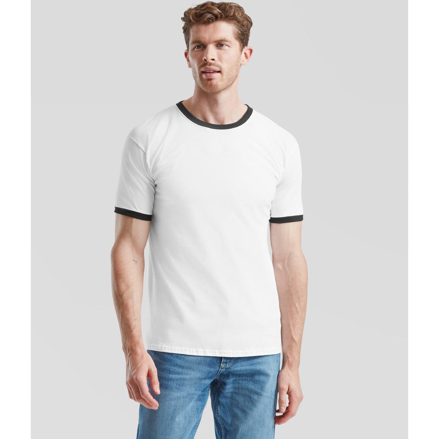 Fruit Of The Loom Ringer T Shirt Contrast Neck 100% Cotton Retail Fit S-3XL