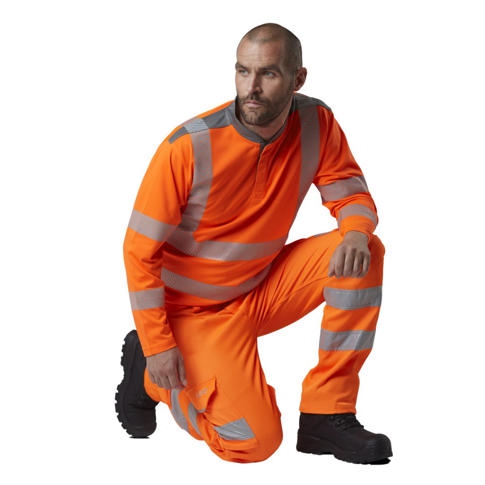 Leo Workwear KINGFORD EcoViz Stretch Cargo Trousers Hi-Vis Reflective Pockets