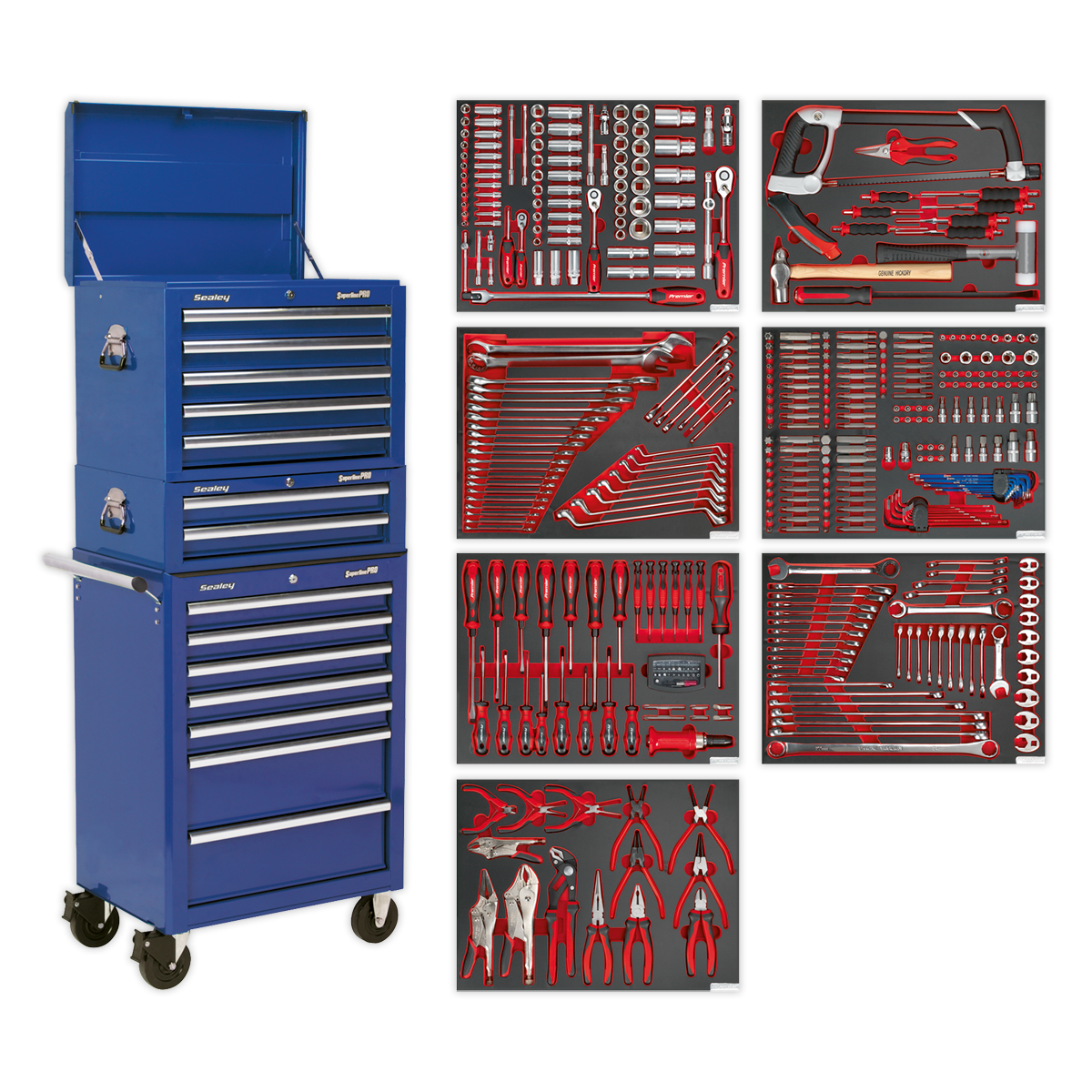 Sealey 14 Drawer Tool Chest with Ball-Bearing Slides & 446pc Tool Kit - Blue