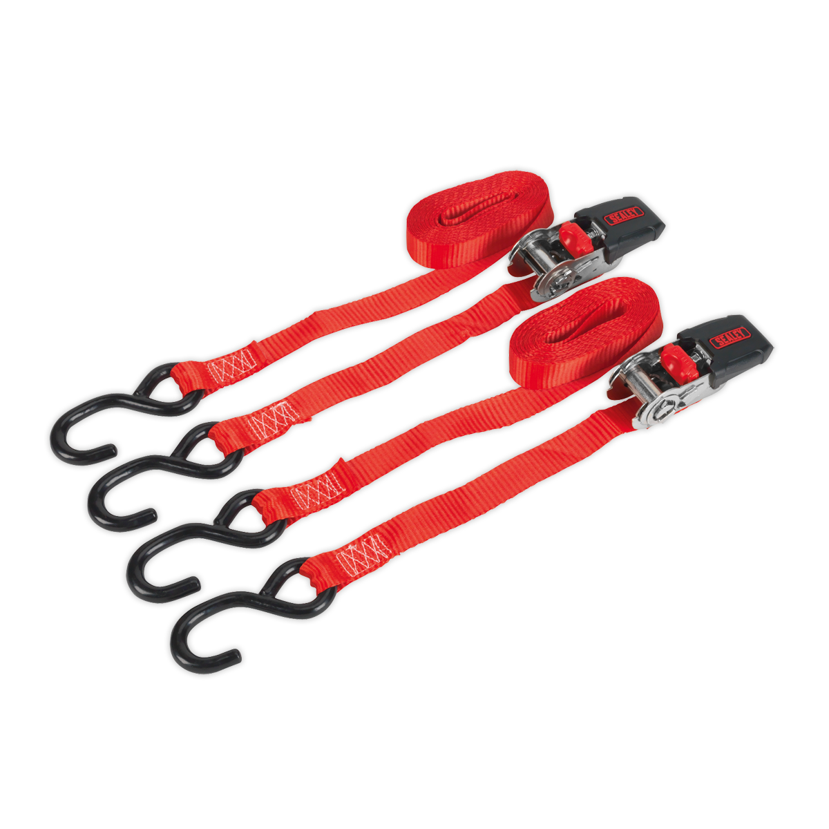 Sealey 25mm x 4m Ratchet Straps Pair 800kg Breaking Strength with S-Hooks