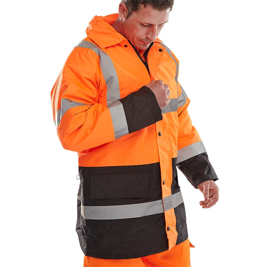 Beeswift Fleece Lined Traffic Jacket PU Coated Concealed Hood Class 3 Safety