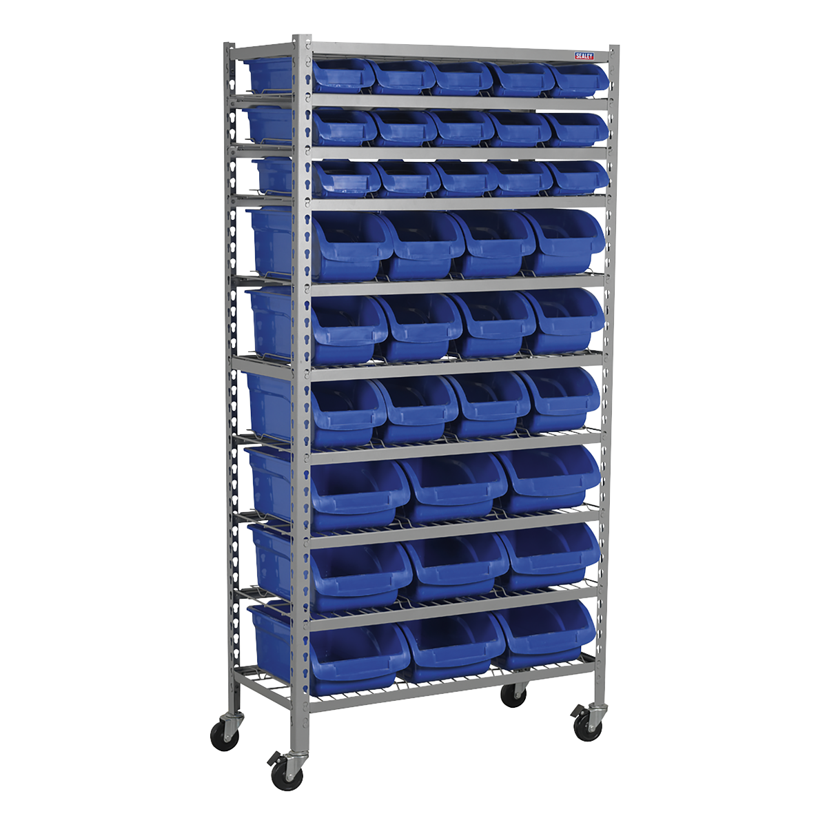 Sealey Mobile Bin Storage System with 36 Bins and Heavy-Duty Castors