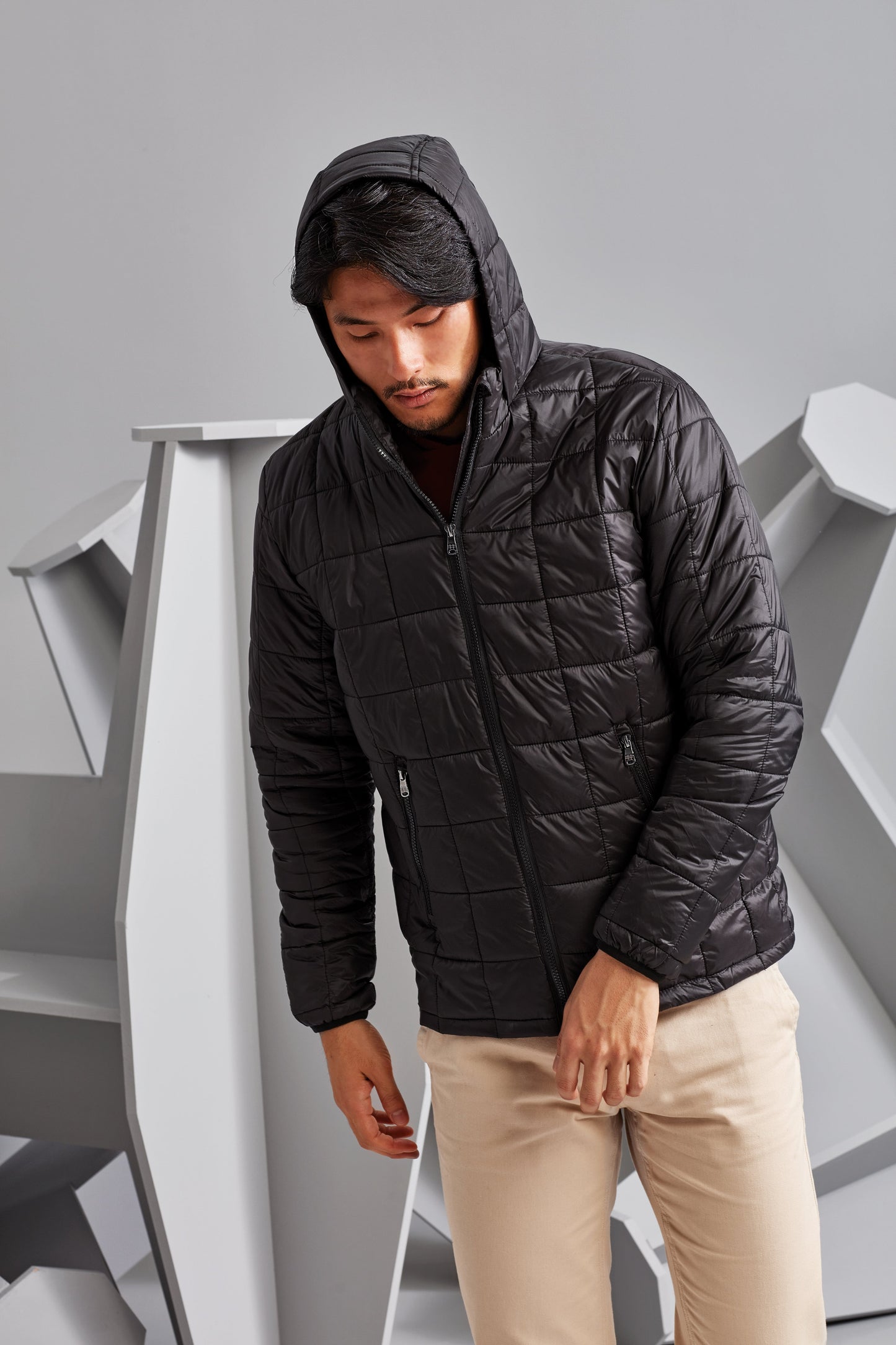 2786 Box Quilt Hooded Jacket Lightweight Polyester Fill Semi-Fitted Style
