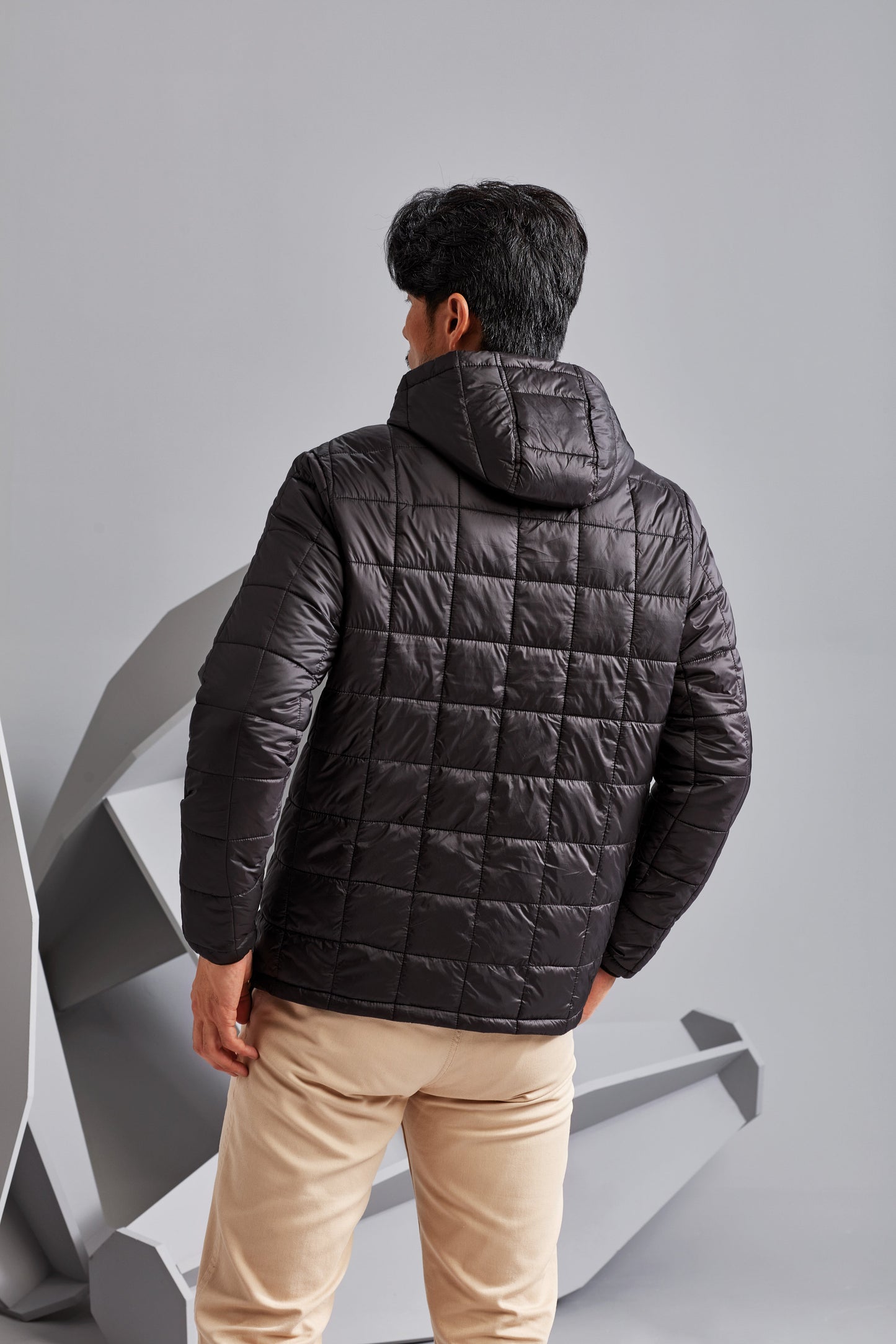 2786 Box Quilt Hooded Jacket Lightweight Polyester Fill Semi-Fitted Style